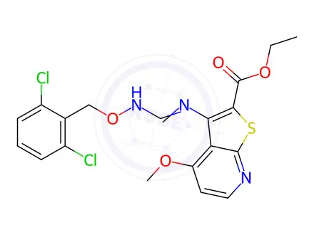 Chemical structure of Ethyl 3-[(E)-N'-[(2,6-dichlorophenyl)methoxy]imidamido]-4-methoxythieno[2,3-b]pyridine-2-carboxylate