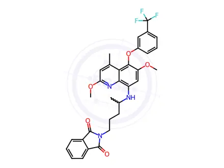 Chemical structure of 2-(4-((2,6-Dimethoxy-4-methyl-5-(3-(trifluoromethyl)phenoxy)quinolin-8-yl)amino)pentyl)isoindoline-1,3-dione