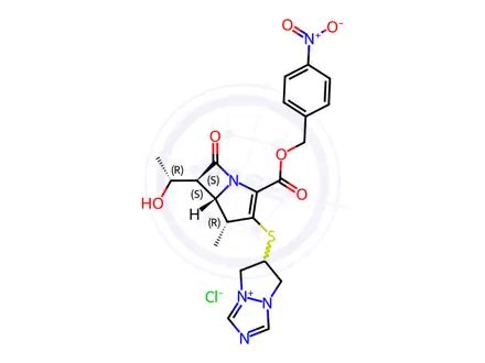 Chemical structure of 6-(((4R,5S,6S)-6-((R)-1-hydroxyethyl)-4-methyl-2-(((4-nitrobenzyl)oxy)carbonyl)-7-oxo-1-azabicyclo[3.2.0]hept-2-en-3-yl)thio)-6,7-dihydro-5H-pyrazolo[1,2-a][1,2,4]triazol-4-ium chloride