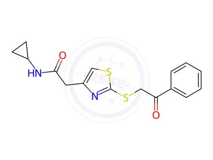 Chemical structure of N-Cyclopropyl-2-(2-((2-oxo-2-phenylethyl)thio)thiazol-4-yl)acetamide