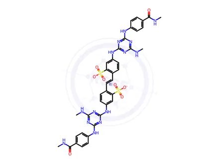 Chemical structure of Benzenesulfonic acid, 2,2-(1E)-1,2-ethenediylbis5-4-(methylamino)-6-4-(methylamino)carbonylphenylamino-1,3,5-triazin-2-ylamino-, disodium salt