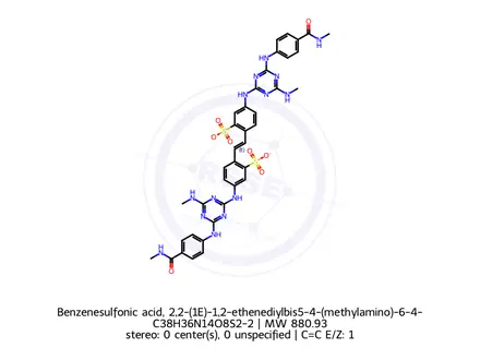 Chemical structure of Benzenesulfonic acid, 2,2-(1E)-1,2-ethenediylbis5-4-(methylamino)-6-4-(methylamino)carbonylphenylamino-1,3,5-triazin-2-ylamino-, disodium salt