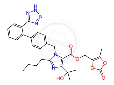 Chemical structure of (5-Methyl-2-oxo-1,3-dioxol-4-yl)methyl 1-((2'-(2H-tetrazol-5-yl)-[1,1'-biphenyl]-4-yl)methyl)-2-butyl-4-(2-hydroxypropan-2-yl)-1H-imidazole-5-carboxylate
