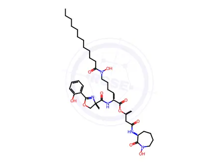 Chemical structure of Lysine, N2-[[4,5-dihydro-2-(2-hydroxyphenyl)-4-methyl-4-oxazolyl]carbonyl]-N6-hydroxy-N6-(1-oxododecyl)-, 3-[(hexahydro-1-hydroxy-2-oxo-1H-azepin-3-yl)amino]-1-methyl-3-oxopropyl ester (9CI)