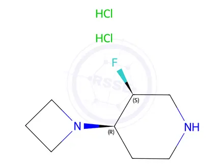 Chemical structure of Piperidine, 4-(1-azetidinyl)-3-fluoro-, hydrochloride (1:2), (3R,4S)-rel-
