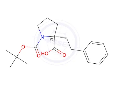 Chemical structure of (S)-1-(tert-Butoxycarbonyl)-2-phenethylpyrrolidine-2-carboxylic acid
