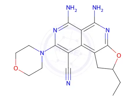 Chemical structure of 5,6-Diamino-2-ethyl-8-morpholino-1,2-dihydrofuro[2,3-c][2,7]naphthyridine-9-carbonitrile