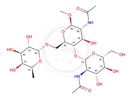 Chemical structure of Methyl 2-Acetamido-4-O-(2-acetamido-2-deoxy-β-D-gluco-pyranosyl)-2-deoxy-6-O-(α-L-fucopyranosyl)-β-D-glucopyranoside