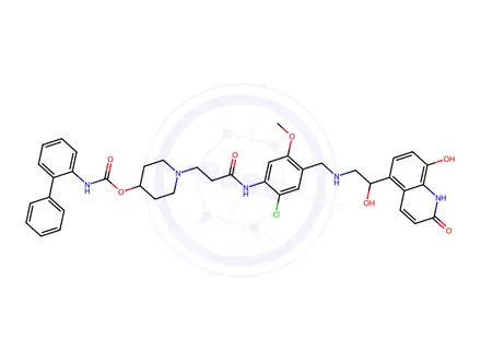 Chemical structure of (R)-1-[3-[[2-Chloro-4-[[[2-hydroxy-2-(8-hydroxy-2-oxo-1,2-dihydro-5-quinolinyl)ethyl]amino]methyl]-5-methoxyphenyl]amino]-3-oxopropyl]-4-piperidinyl 2-Biphenylylcarbamate