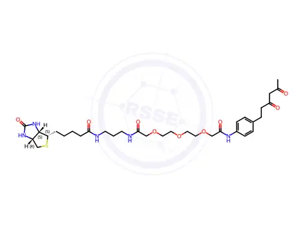 Chemical structure of 6-[4'-N-(biotinylaminopropyl-NHCOCH2-PEG2-acetyl)-aminophenyl]-hexane-2,4-dione