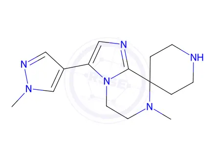 Chemical structure of 7-Methyl-3-(1-methyl-1H-pyrazol-4-yl)-6,7-dihydro-5H-spiro[imidazo[1,2-a]pyrazine-8,4'-piperidine]