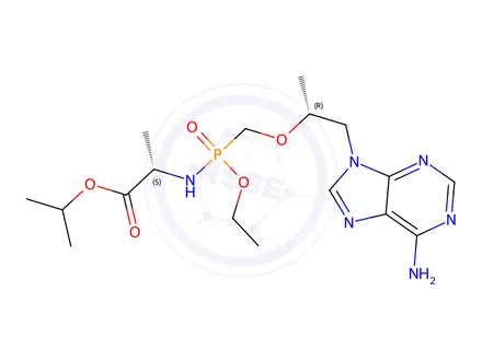 Chemical structure of (2S)-isopropyl 2-((((((R)-1-(6-amino-9H-purin-9-yl)propan-2-yl)oxy)methyl)(ethoxy)phosphoryl)amino)propanoate