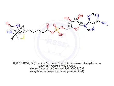 Chemical structure of (((2R,3S,4R,5R)-5-(6-amino-9H-purin-9-yl)-3,4-dihydroxytetrahydrofuran-2-yl)methyl phosphoric) 5-((3aS,4S,6aR)-2-oxohexahydro-1H-thieno[3,4-d]imidazol-4-yl)pentanoic anhydride