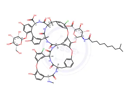 Chemical structure of Ristomycin A aglycone, 5,31-dichloro-7-demethyl-64-O-demethyl-19-deoxy-56-O-[2-deoxy-2-[(9-methyl-1-oxodecyl)amino]-β-D-glucopyranuronosyl]-42-O-α-D-mannopyranosyl-N15-methyl-