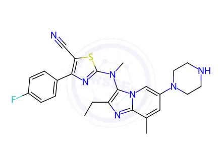 Chemical structure of 2-((2-ethyl-8-methyl-6-(piperazin-1-yl)imidazo[1,2-a]pyridin-3-yl)(methyl)amino)-4-(4-fluorophenyl)thiazole-5-carbonitrile