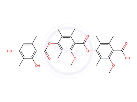 Chemical structure of Benzoic acid, 4-((2,4-dihydroxy-3,6-dimethylbenzoyl)oxy)-2-methoxy-3,5,6-trimethyl-, 4-carboxy-3-methoxy-2,5,6-trimethylphenyl ester