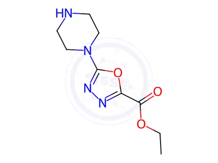 Chemical structure of ethyl 5-(piperazin-1-yl)-1,3,4-oxadiazole-2-carboxylat