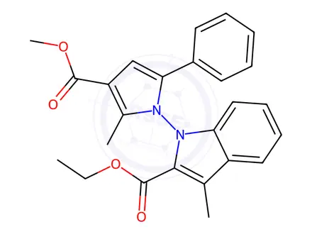 Chemical structure of Ethyl 1-(3-(methoxycarbonyl)-2-methyl-5-phenyl-1H-pyrrol-1-yl)-3-methyl-1H-indole-2-carboxylate