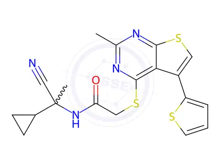 Chemical structure of N-(1-Cyano-1-cyclopropylethyl)-2-((2-methyl-5-(thiophen-2-yl)thieno[2,3-d]pyrimidin-4-yl)thio)acetamide