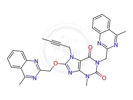Chemical structure of 1H-Purine-2,6-dione, 7-(2-butyn-1-yl)-3,7-dihydro-3-methyl-8-[(4-methyl-2-quinazolinyl)methoxy]-1-[(4-methyl-2-quinazolinyl)methyl]-