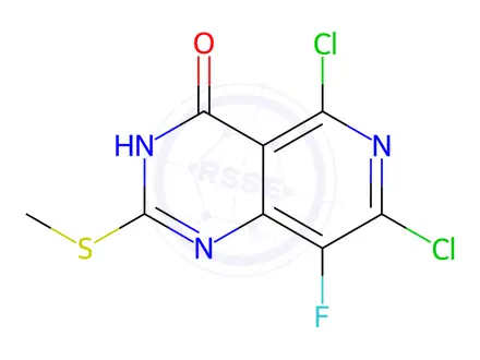 Chemical structure of 5,7-Dichloro-8-fluoro-2-(methylthio)pyrido[4,3-d]pyrimidin-4-ol