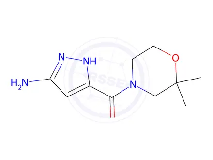 Chemical structure of 5-(2,2-dimethylmorpholine-4-carbonyl)-1H-pyrazol-3-amine