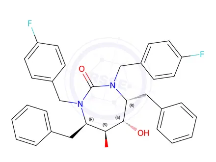 Chemical structure of (4R,5S,6S,7R)-4,7-dibenzyl-1,3-bis[(4-fluorophenyl)methyl]-5,6-dihydro xy-1,3-diazepan-2-one
