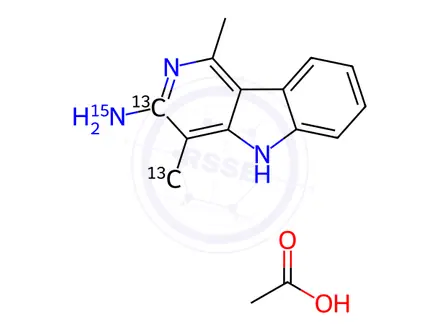 Chemical structure of 3-Amino-1,4-dimethyl-5H-pyrido[4,3-b]indole-13C2,15N Acetate