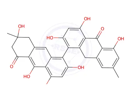 Chemical structure of 3-Methyl-3,6,8,9-tetrahydroxy-3,4-dihydro-5-[(9,10-dihydro-2,4,5-trihydroxy-7-methyl-10-oxoanthracen)-1-yl]anthracen-1(2H)-one