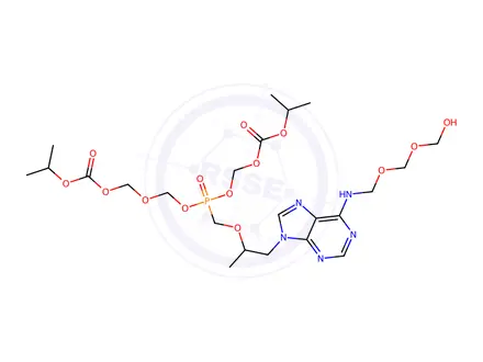 Chemical structure of (((((1-(6-((((hydroxymethoxy)methoxy)methyl)amino)-9H-purin-9-yl)propan-2-yl)oxy)methyl)((((isopropoxycarbonyl)oxy)methoxy)methoxy)phosphoryl)oxy)methyl isopropyl carbonate
