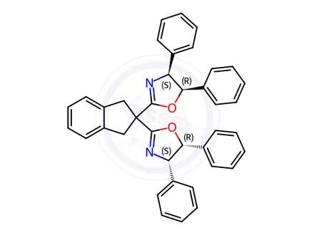 Chemical structure of (4S,4'S,5R,5'R)-2,2'-(2,3-Dihydro-1H-indene-2,2-diyl)bis(4,5-diphenyl-4,5-dihydrooxazole)