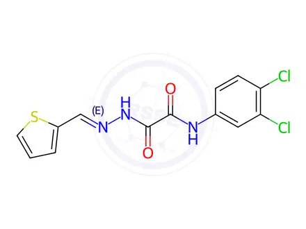 Chemical structure of N-(3,4-dichlorophenyl)-2-oxo-2-(2-(thiophen-2-ylmethylene)hydrazinyl)acetamide