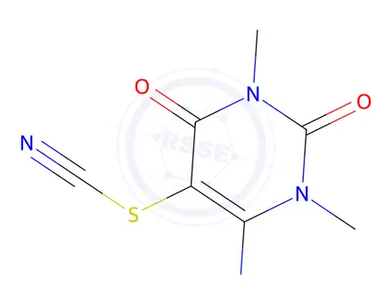 Chemical structure of 6-amino-1,3-dimethyl-5-thiocyanato-pyrimidine-2,4-dione