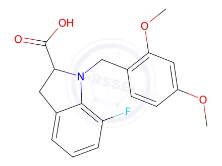 Chemical structure of 1-[(2,4-dimethoxyphenyl)methyl]-7-fluoro-indoline-2-carboxylicacid