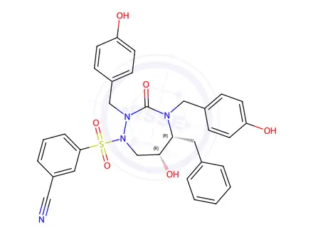 Chemical structure of 3-(((5R,6R)-5-Benzyl-6-hydroxy-2,4-bis[(4-hydroxybenzyl)-3-oxo-1,2,4-triazepin-1-yl]sulfonyl]benzonitrile