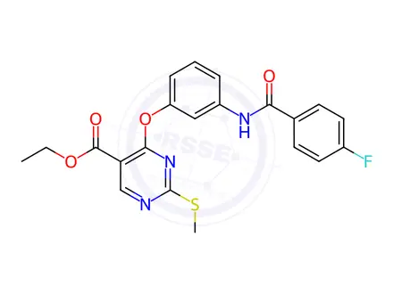 Chemical structure of Ethyl 4-[3-(4-fluorobenzamido)phenoxy]-2-(methylsulfanyl)pyrimidine-5-carboxylate