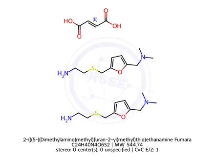 Chemical structure of 2-(((5-((Dimethylamino)methyl)furan-2-yl)methyl)thio)ethanamine Fumarate (2:1)