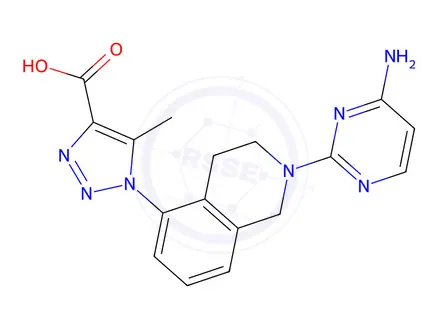 Chemical structure of 1-[2-(4-aminopyrimidin-2-yl)-3,4-dihydro-1H-isoquinolin-5-yl]-5-methyl-triazole-4-carboxylic acid