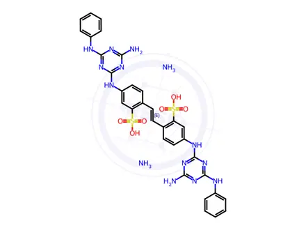 Chemical structure of diammonium 4,4'-bis[(4-amino-6-anilino-1,3,5-triazin-2-yl)amino]stilbene-2,2'-disulphonate