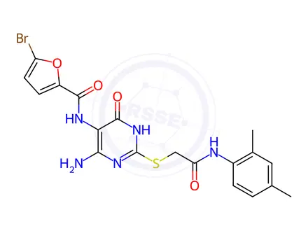Chemical structure of N-[6-amino-2-[2-(2,4-dimethylanilino)-2-oxoethyl]sulfanyl-4-oxo-1H-pyrimidin-5-yl]-5-bromofuran-2-carboxamide