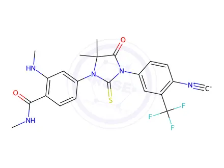 Chemical structure of 4-{3-[4-isocyano-3-(trifluoromethyl)phenyl]-5,5-dimethyl-4-oxo-2-sulfanylideneimidazolidin-1-yl}-N-methyl-2-(methylamino)benzamide