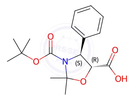 Chemical structure of (4S,5R)-3-(tert-Butoxycarbonyl)-2,2-dimethyl-4-phenyloxazolidine-5-carboxylic acid