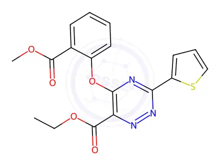 Chemical structure of Ethyl 5-(2-(methoxycarbonyl)phenoxy)-3-(thiophen-2-yl)-1,2,4-triazine-6-carboxylate