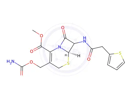 Chemical structure of (6R)-methyl 3-((carbamoyloxy)methyl)-8-oxo-7-(2-(thiophen-2-yl)acetamido)-5-thia-1-azabicyclo[4.2.0]oct-2-ene-2-carboxylate