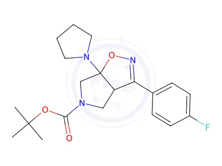 Chemical structure of 3-(4-Fluoro-phenyl)-6a-pyrrolidin-1-yl-3a,4,6,6a-tetrahydro-pyrrolo[3,4-d]isoxazole-5-carboxylic acid tert-butyl ester