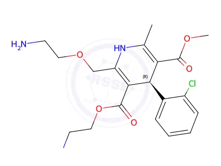 Chemical structure of (R)-3-(2-aminoethyl) 5-methyl 2-((2-aminoethoxy)methyl)-4-(2-chlorophenyl)-6-methyl-1,4-dihydropyridine-3,5-dicarboxylate