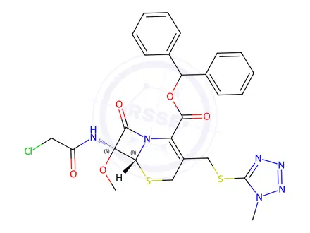 Chemical structure of benzhydryl (6R,7S)-7-(2-chloroacetamido)-7-methoxy-3-(((1-methyl-1H-tetrazol-5-yl)thio)methyl)-8-oxo-5-thia-1-azabicyclo[4.2.0]oct-2-ene-2-carboxylate