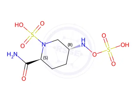 Chemical structure of (2S,5R)-2-carbamoyl-5-((sulfooxy)amino)piperidine-1-sulfonic acid