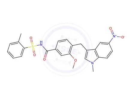 Chemical structure of 3-Methoxy-4-((1-methyl-5-nitro-1H-indol-3-yl)methyl)-N-(o-tolylsulfonyl)benzamide