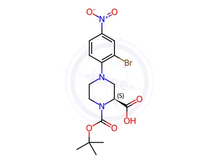 Chemical structure of (S)-4-(2-Bromo-4-nitrophenyl)-1-(tert-butoxy-carbonyl)piperazine-2-carboxylic acid